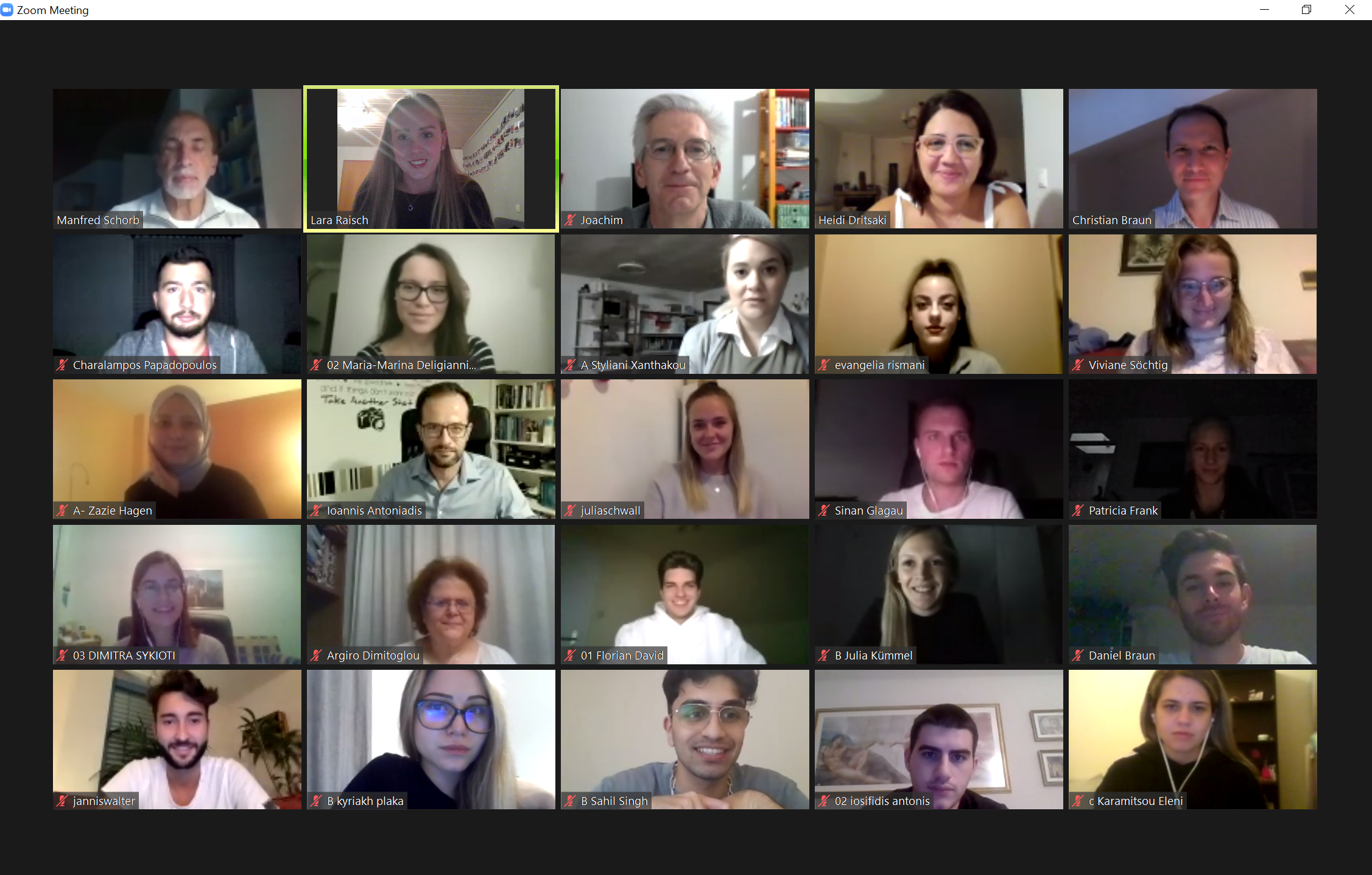 Screenshot eines virtuelles Meetings. Zu sehen sind Studierende und Lehrende Teilnehmer im Rahmen der Projekts "Karlsruhe-Kozani"