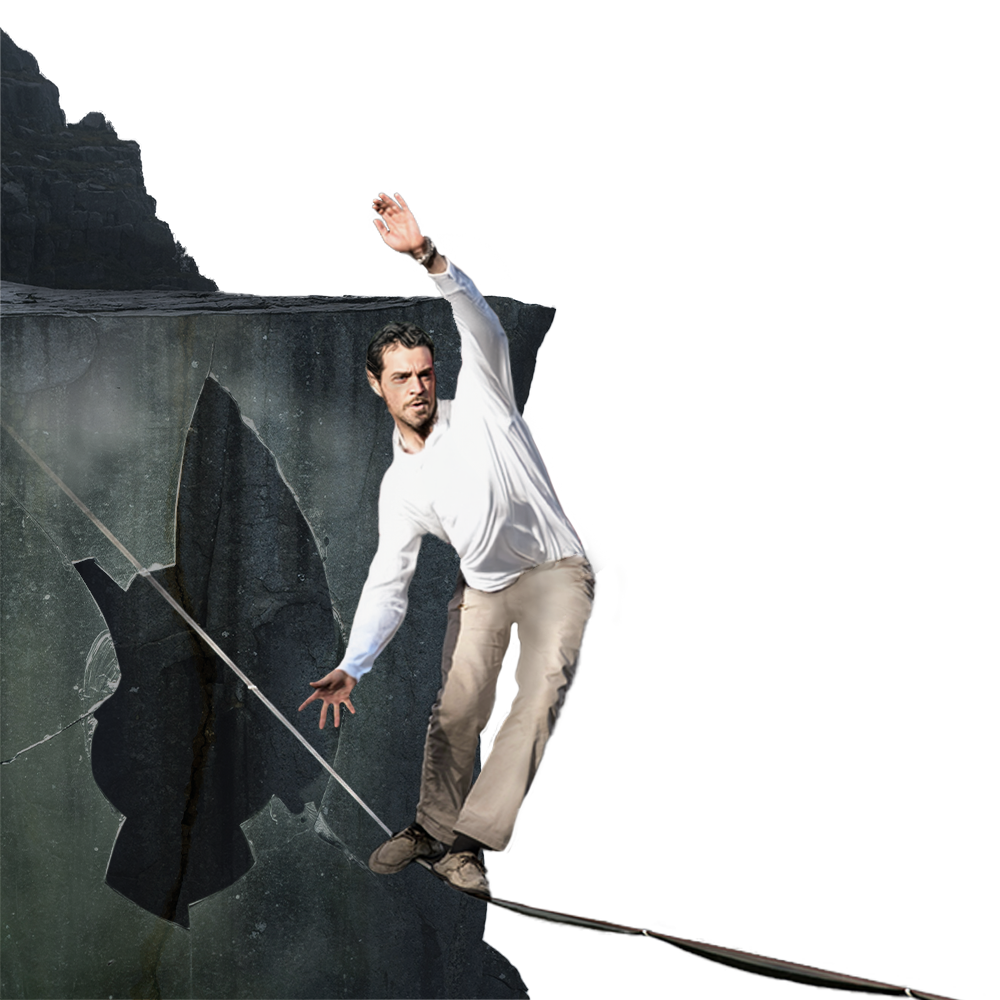 Stabiler Burn-Out – sind Mensch, Gesellschaft und Natur im Zustand verstetigter Erschöpfung? Person, die mit Schwierigkeiten auf einem Seil balanciert