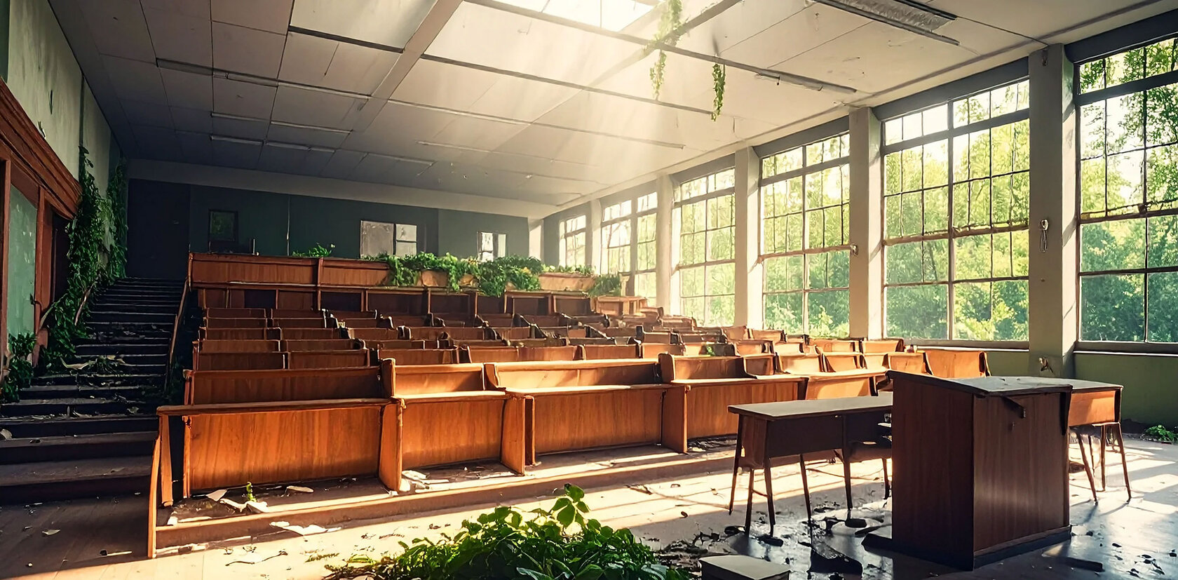 Hörsaal überwuchert mit Pflanzen ohne Studierende.