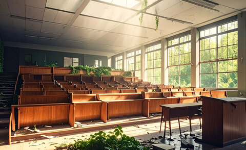 Ein überwucherter Hörsaal ohne Studierende.