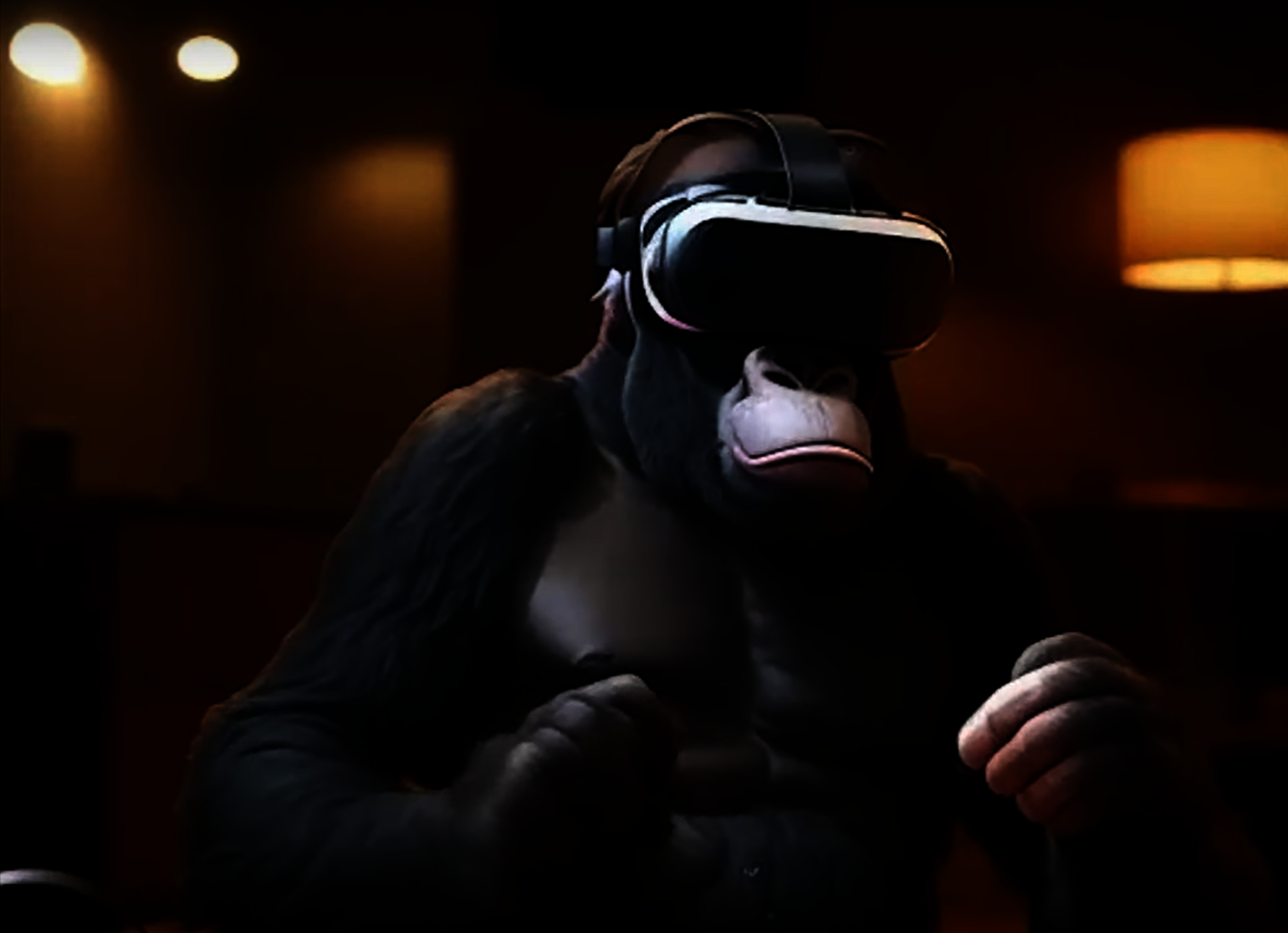 A gorilla wears VR glasses, image generated by AI