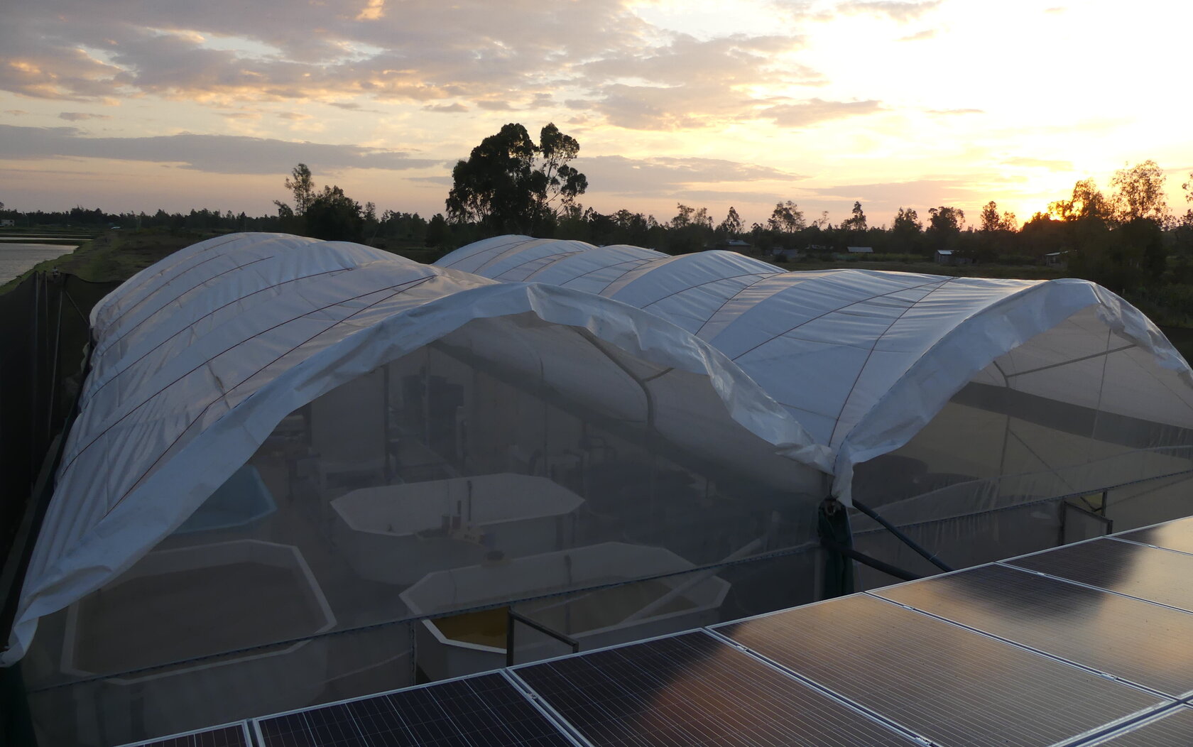 Potenziale nachhaltiger Agrarwirtschaft in Ostafrika Zelte mit Fischbecken und Solaranlage