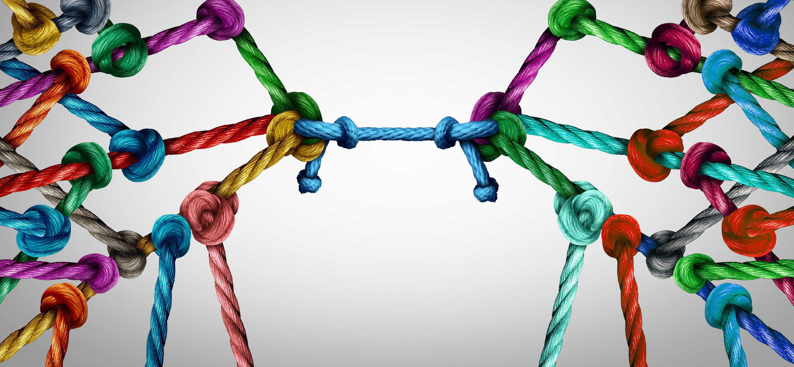 Connecting teams and connected group concept as many different ropes tied and linked together as an unbreakable chain as business trust metaphor linking partners for teamwork support and strength. miteinander verbundene verschiedenfarbige Stricke als Metapher für Mediation