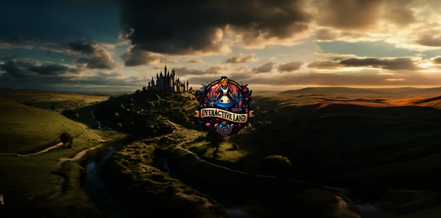 In the background of the picture you can see a hilly landscape and a fairytale castle, in the foreground the logo of the game Alice in Interactiveland