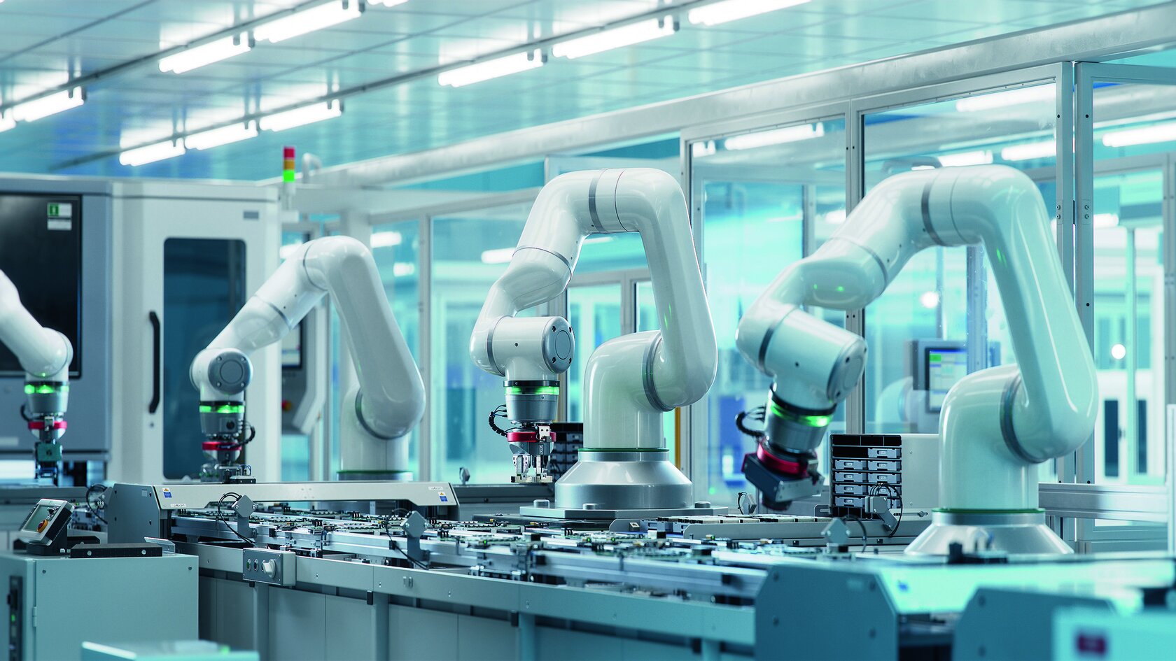 Moderne Industrieroboter in einer automatisierten Fertigungslinie – Symbolbild für intelligente Produktionstechnologien.