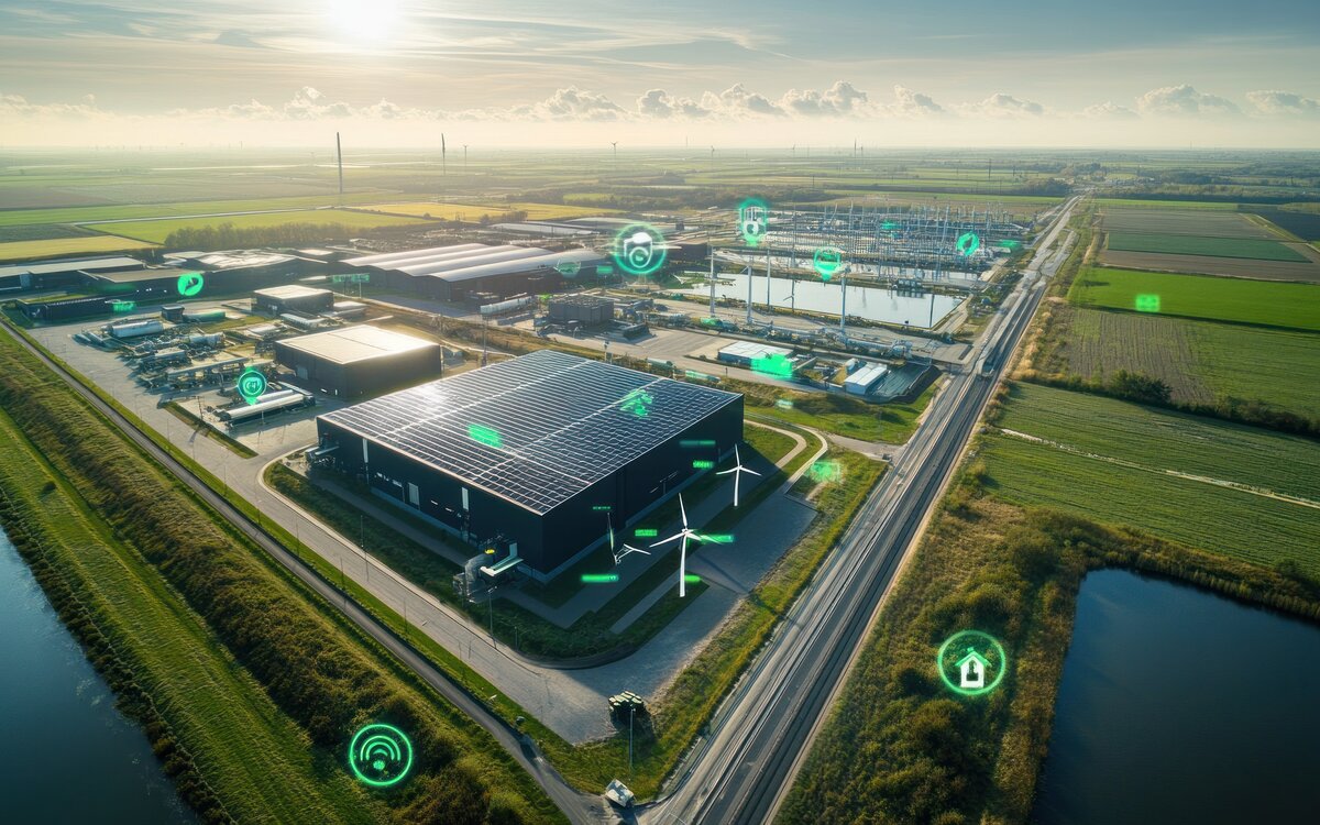 Aerial view of solar-paneled industrial buildings with futuristic icons.