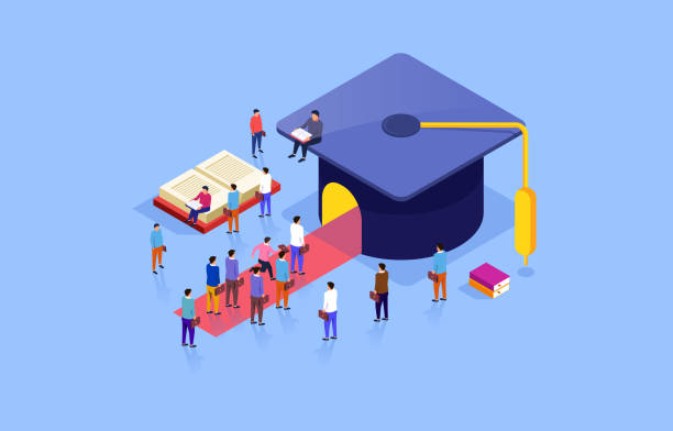 Drawing of people grouped around huge books and a huge mortarboard with a door and inviting red carpet Drawing of people grouped around huge books and a huge mortarboard with a door and inviting red carpet
