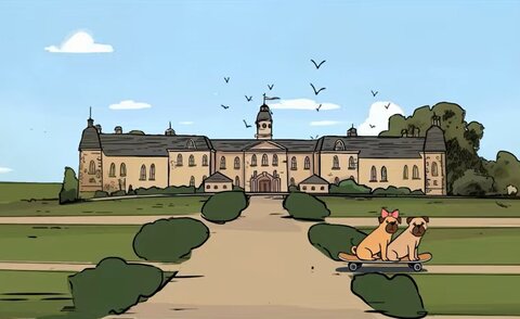 Drawn scene of Karlsruhe Palace, surrounded by lawns and bushes. In the foreground, two pugs - Karlina with a pink bow - sit together on a skateboard on a path. Birds fly above the castle, the sky is blue with scattered clouds.