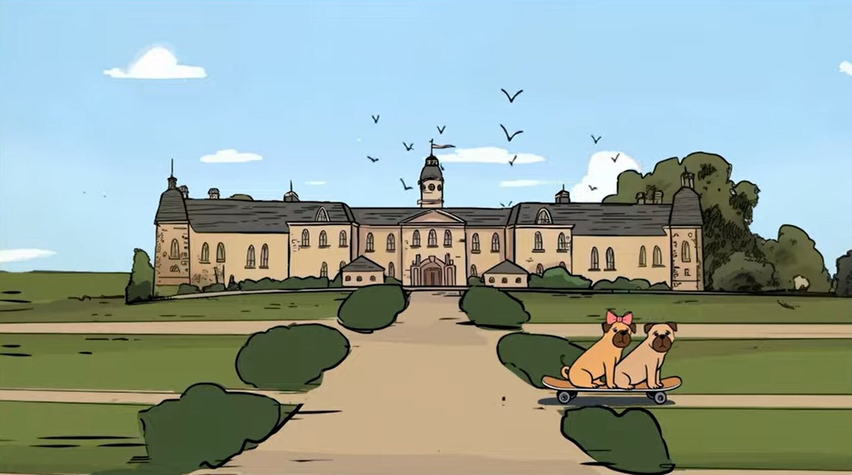 Drawn scene of Karlsruhe Palace, surrounded by lawns and bushes. In the foreground, two pugs - Karlina with a pink bow - sit together on a skateboard on a path. Birds fly above the castle, the sky is blue with scattered clouds.
